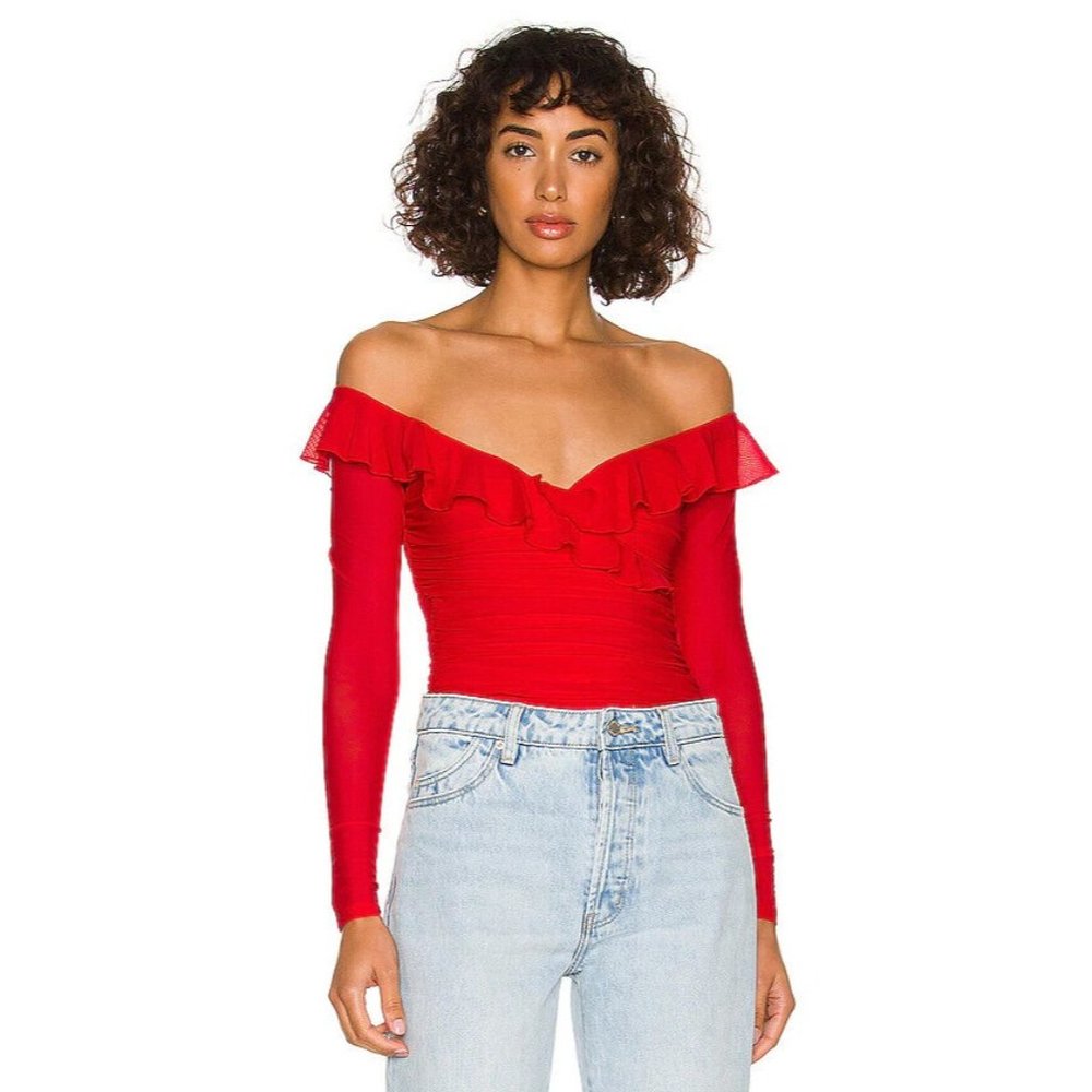 Revolve Majorelle Bodysuit Top Red Bandit Ruffle Off Shoulder Long Sleeve